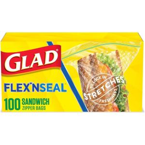 imageGlad FlexN Seal Zipper Food Storage Sandwich Bags Resealable Snack Bags Multipurpose Use 100 Count Pack of 4100 Count Pack of 4