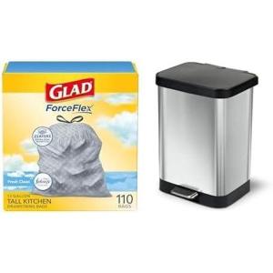 imageGlad Stainless Steel Step Trash Can with Clorox Odor Protection Metal Garbage Bin 13 Gallon ampamp Glad Tall Kitchen Drawstring Trash Bags Odorshield 13 Gallon White Febreze Fresh Clean 110 Count Bundle