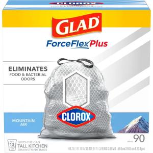 imageGlad Tall Kitchen Trash Bags ForceFlexPlus With Clorox 13 Gallon Mountain Air 90 Count