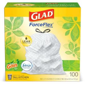imageGlad Trash Bags ForceFlex Tall Kitchen Drawstring Garbage Bags 13 Gal 100 Ct Package May Vary