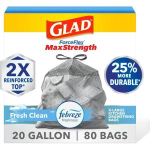 imageGlad ForceFlex MaxStrength Drawstring XL Kitchen Trash Bags 20 Gal Gain 80 Ct Package May VaryFresh Clean Pack of 3
