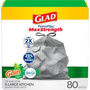 imageGlad ForceFlex MaxStrength Drawstring XL Kitchen Trash Bags 20 Gal Gain 80 Ct Package May VaryGain Original
